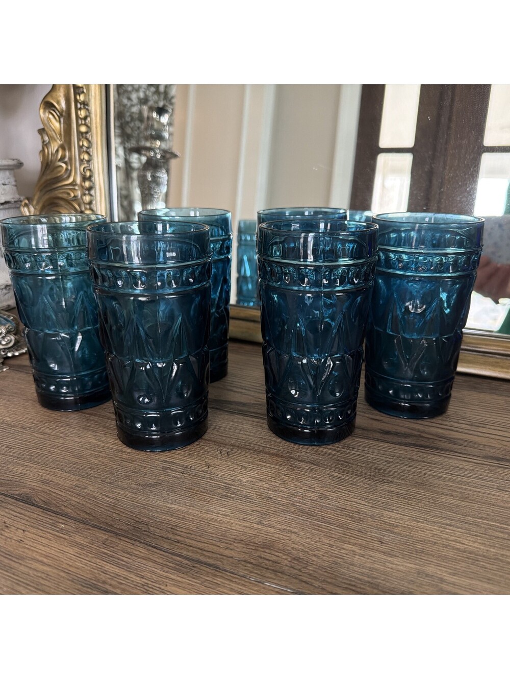 Indiana Glass Kings Crown Teal Blue Iced Tea Tumblers Set of 6 Vintage